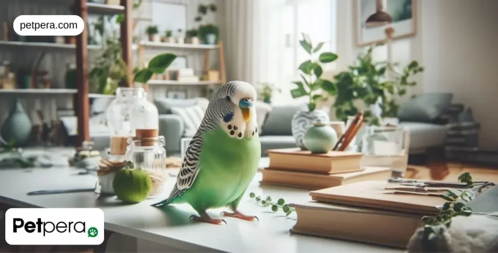 Evde masanın üzerinde muhabbet duran muhabbet kuşu